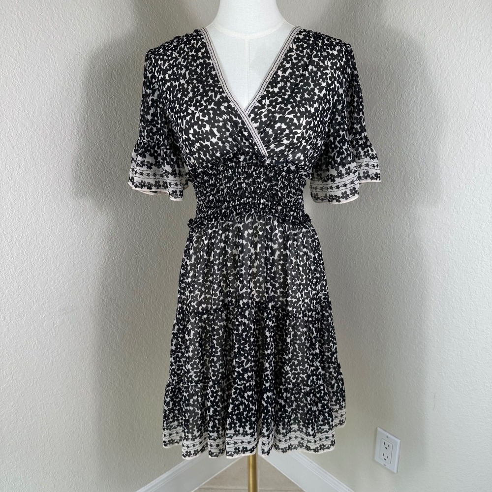 Max Studio Mini Dress Womens XS Black Floral Smocked Waist Boho Chiffon 1909Y52
